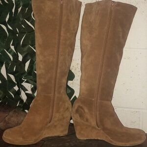 Brown Suede Knee-High Wedge Boots
